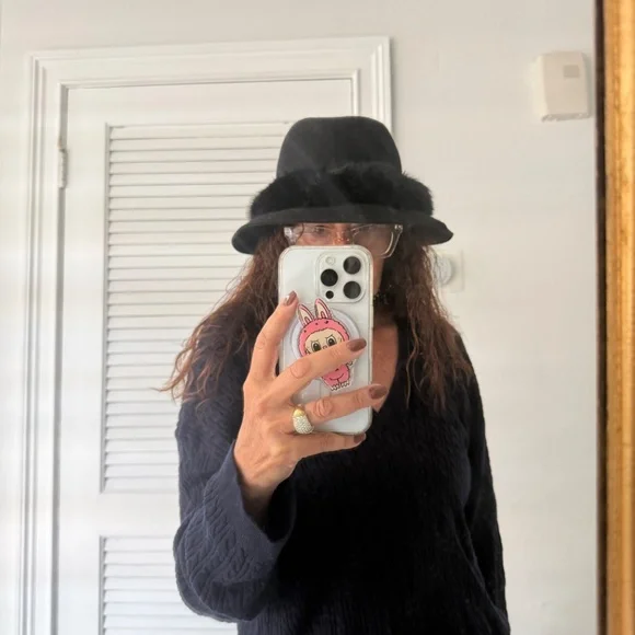 Eric Javits Black Bunny Wool Hat with Rabbit Fur Trim One Size NWT - Picture 6 of 6
